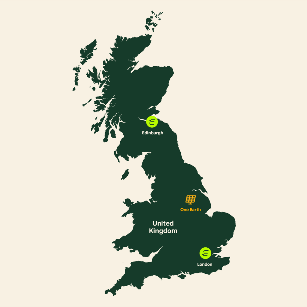 Illustrated map of the UK with solar icon showing the location of the consented One Earth solar farm in Nottinghamshire and Lincolnshire.