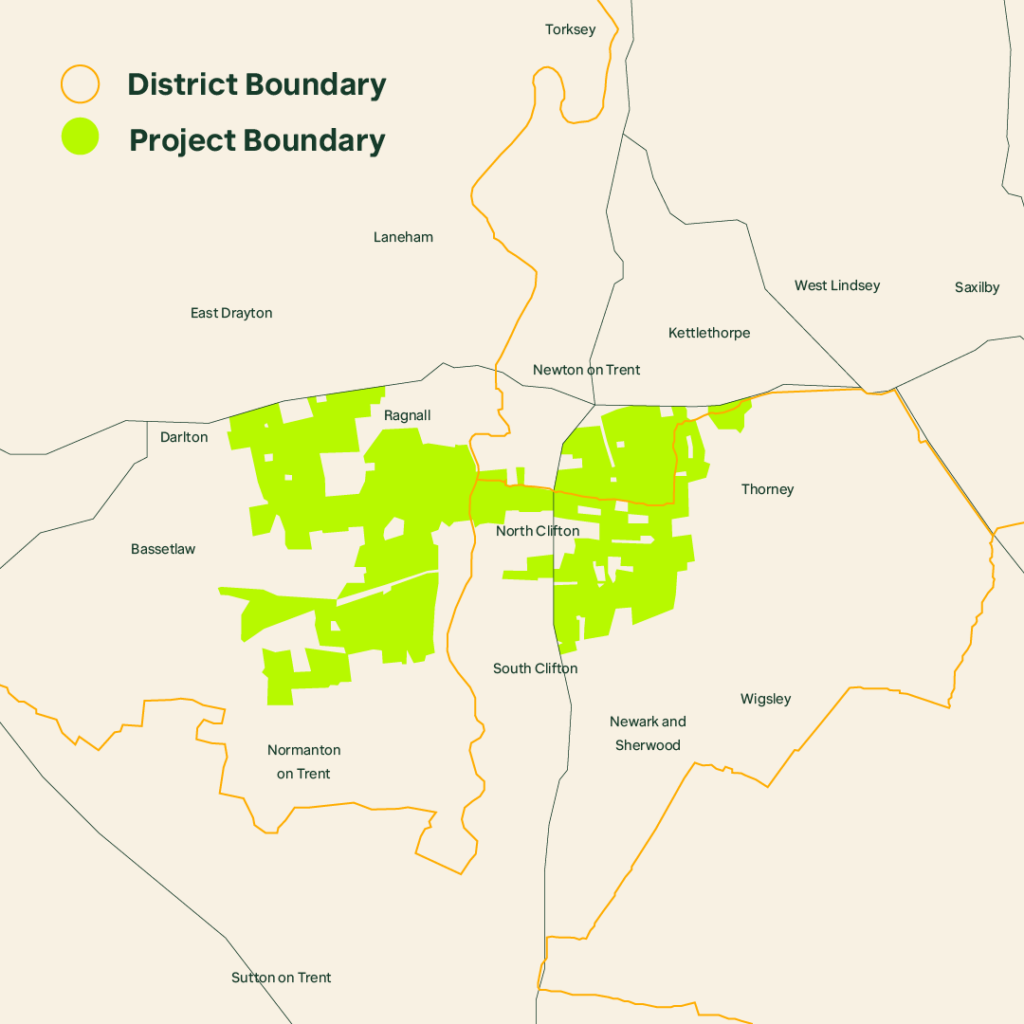 Detailed map of the disctricts in Nottinghamshire and Lincolnshire, showing the location of the consented One Earth solar farm by Perigus Energy.